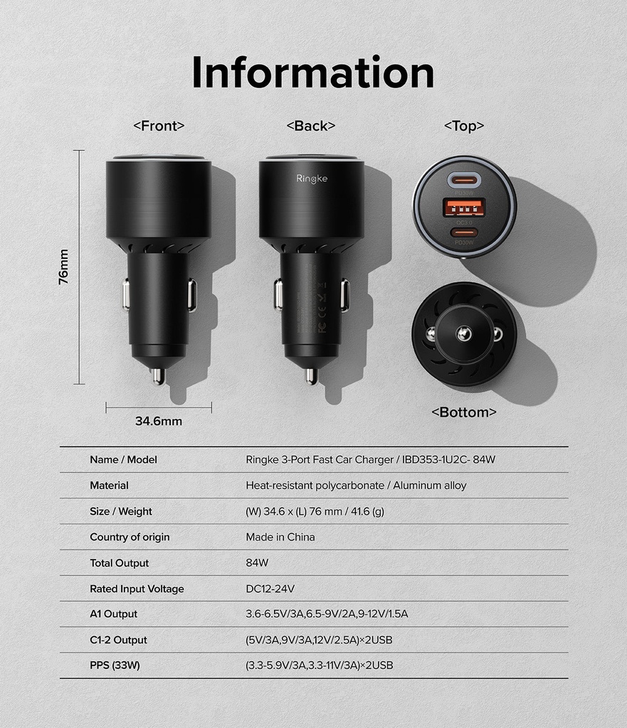 Ringke 3 Port Car Fast Charger
